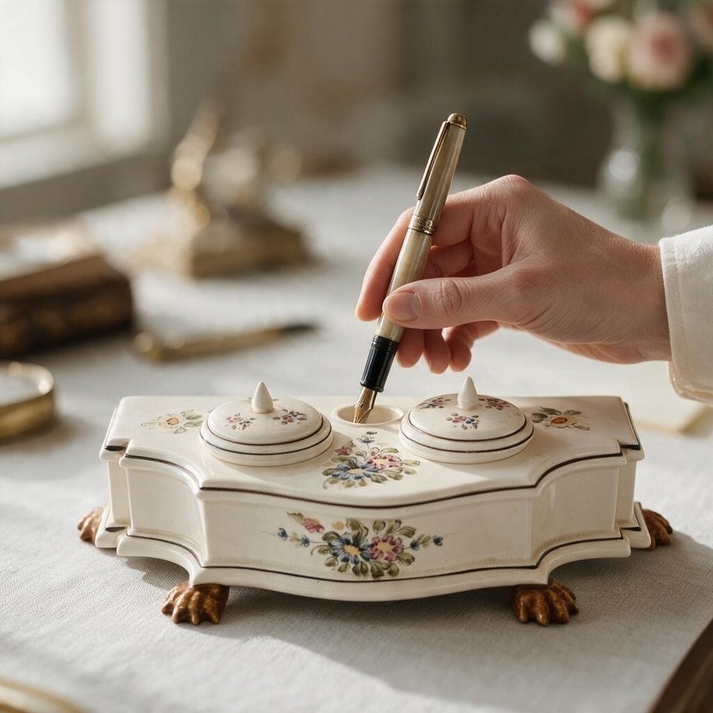 Andrea by Sadek Ceramic Inkwell Desk Set OS Cream Floral Lion Claw Feet 7458